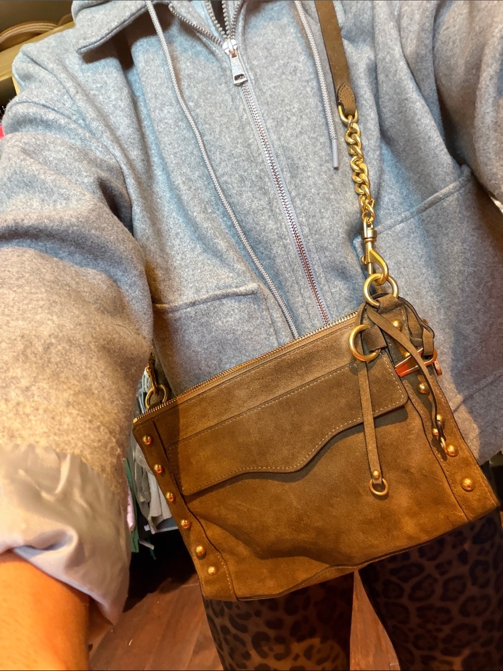 Rebecca Minkoff Brown Suede Crossbody with Gold Chain Detail